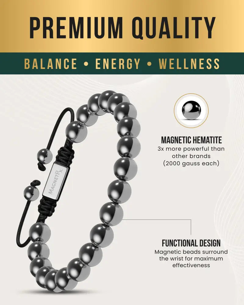 Black braided cord Magnetrx high power 8mm magnetic hematite bead bracelet with silver-toned engraved tag