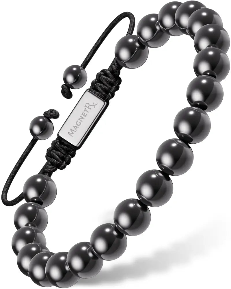 Magnetrx high power black magnetic hematite bead bracelet with silver-toned rectangular clasp engraved magnetrx
