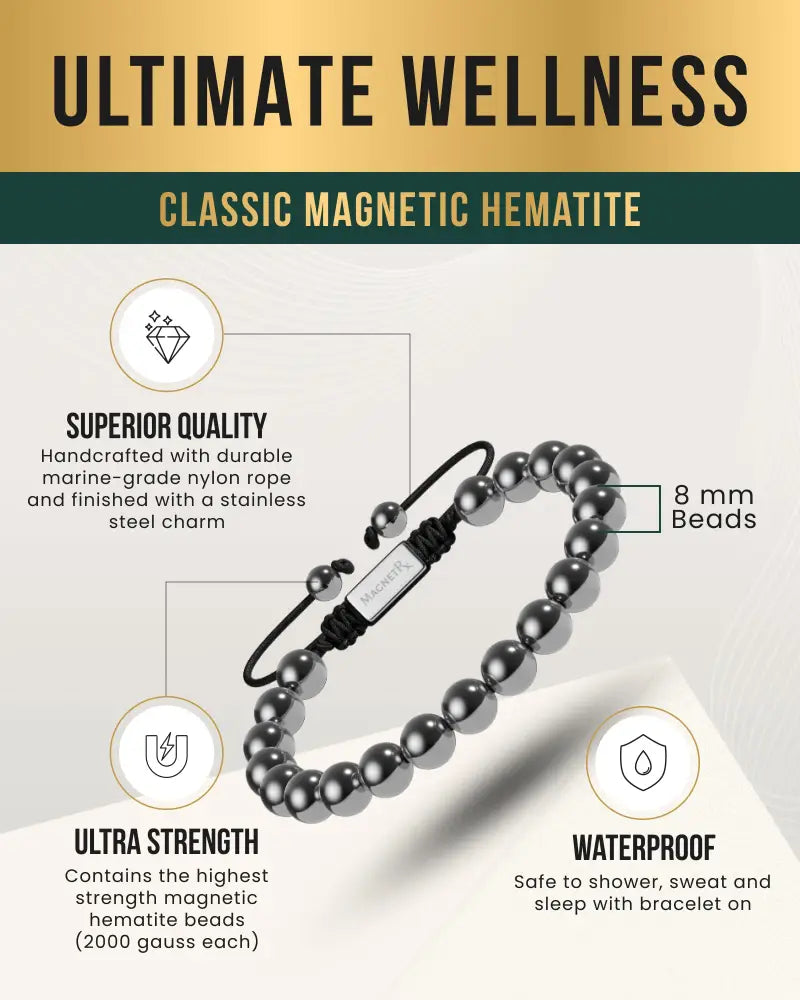 Magnetrx high power 8mm magnetic hematite bead bracelet with dark gray beads on marine-grade nylon rope and stainless steel charm