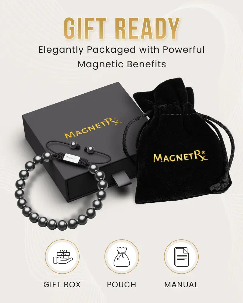Magnetrx high power 8mm magnetic hematite bead bracelet in black with silver clasp in black gift box and velvet pouch