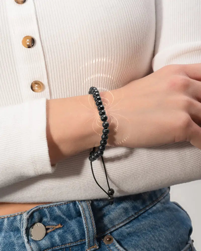 Magnetrx high power black magnetic hematite bead bracelet with smooth round 8mm stones on a thin cord