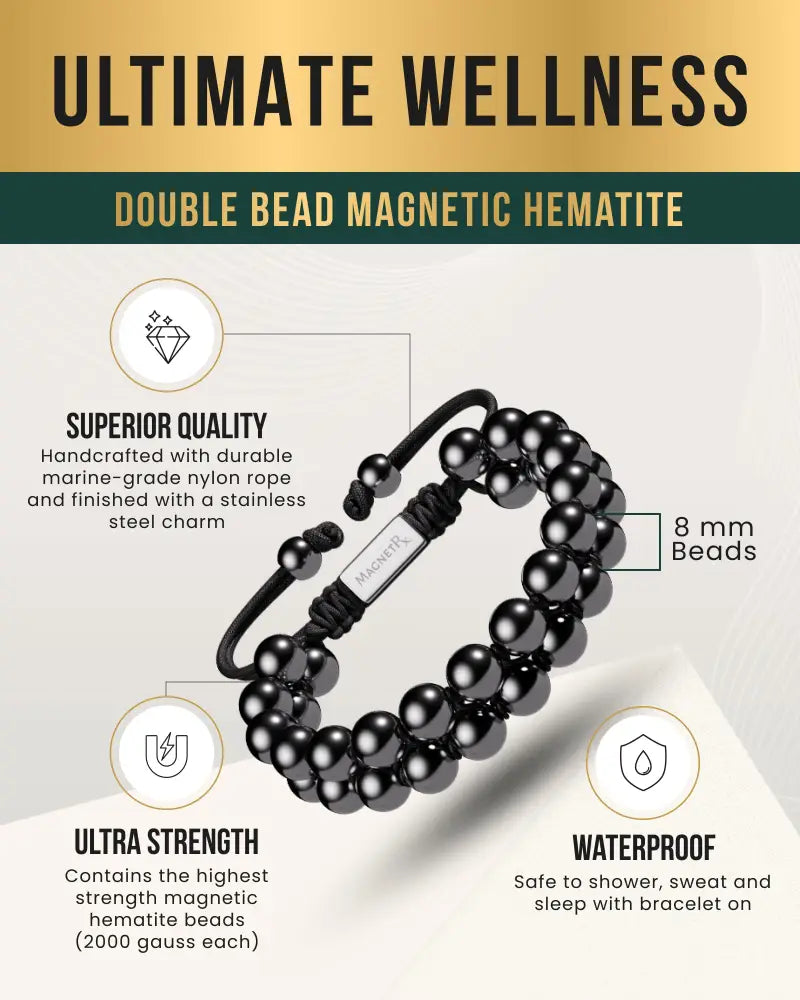 Black double row high power magnetic hematite bead bracelet with 8 mm beads stainless steel charm and marine nylon rope