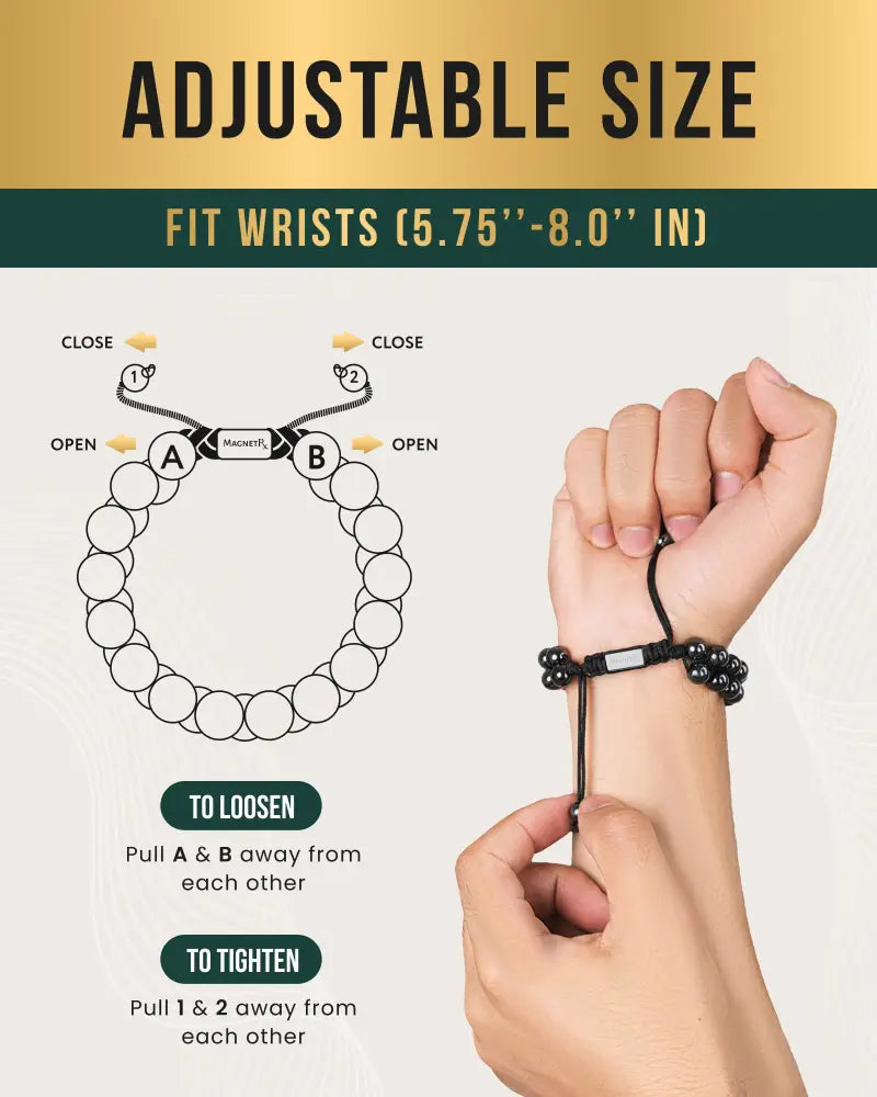 Black beaded double row high power magnetic hematite bead bracelet with adjustable magnetic clasp