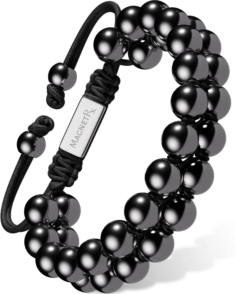 Double row high power magnetic hematite bead bracelet with black braided cord and silver-toned magnetrx plate