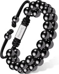 Double row high power magnetic hematite bead bracelet with black braided cord and silver-toned magnetrx plate