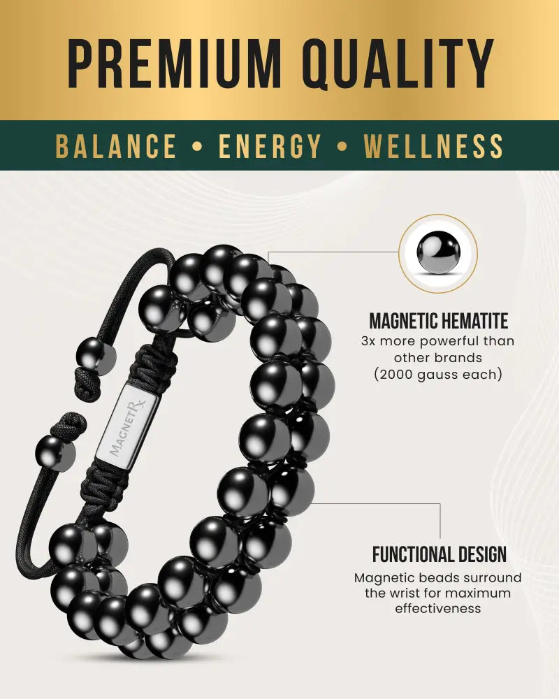 Double row high power magnetic hematite bead bracelet in black with silver-toned rectangular clasp