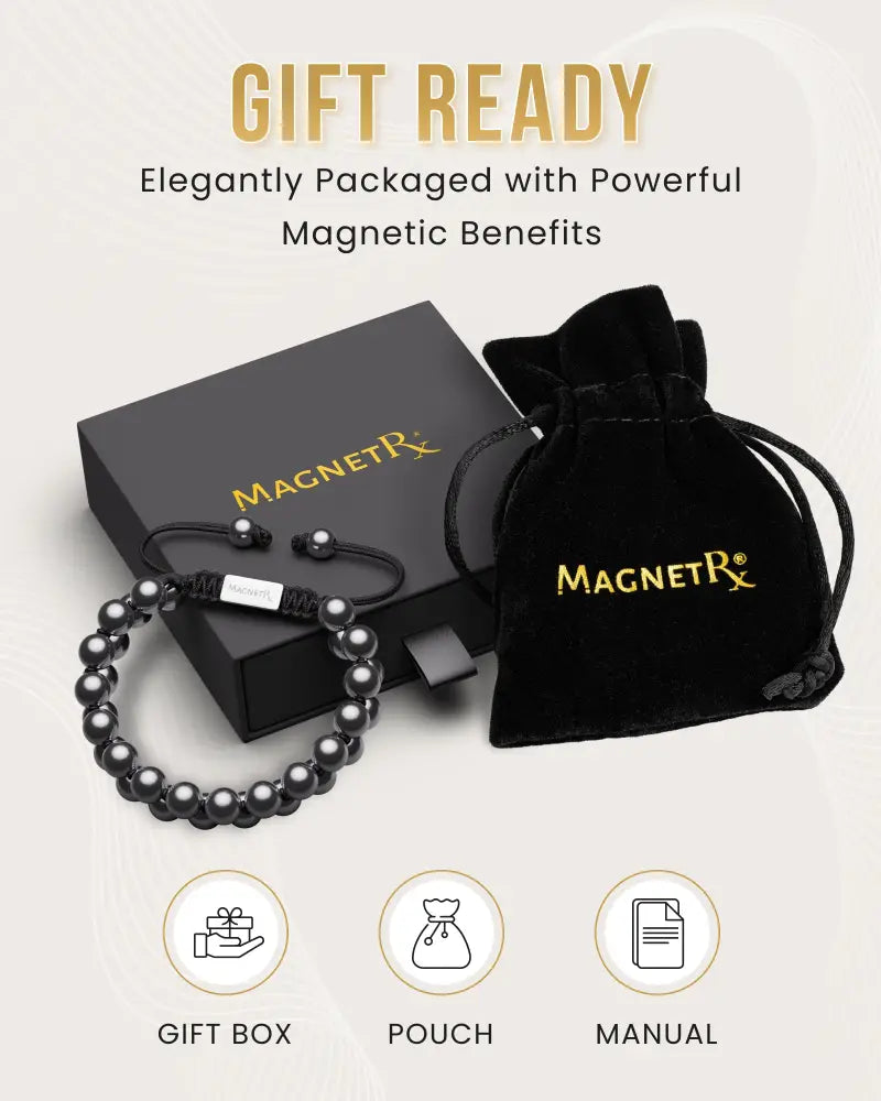 Black double row high power magnetic hematite bead bracelet with silver clasp in gift box and velvet pouch