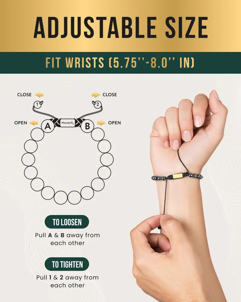Gold Zeus high power magnetic hematite bead bracelet in black with gold-colored magnetic clasp and adjustable sizing