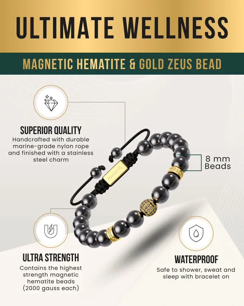 Gold Zeus high power magnetic hematite bead bracelet with black hematite beads gold accents and stainless steel charm