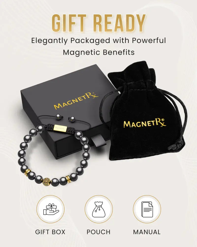Black magnetic hematite bead bracelet with gold-toned accents and metallic clasp in elegant packaging for high power use
