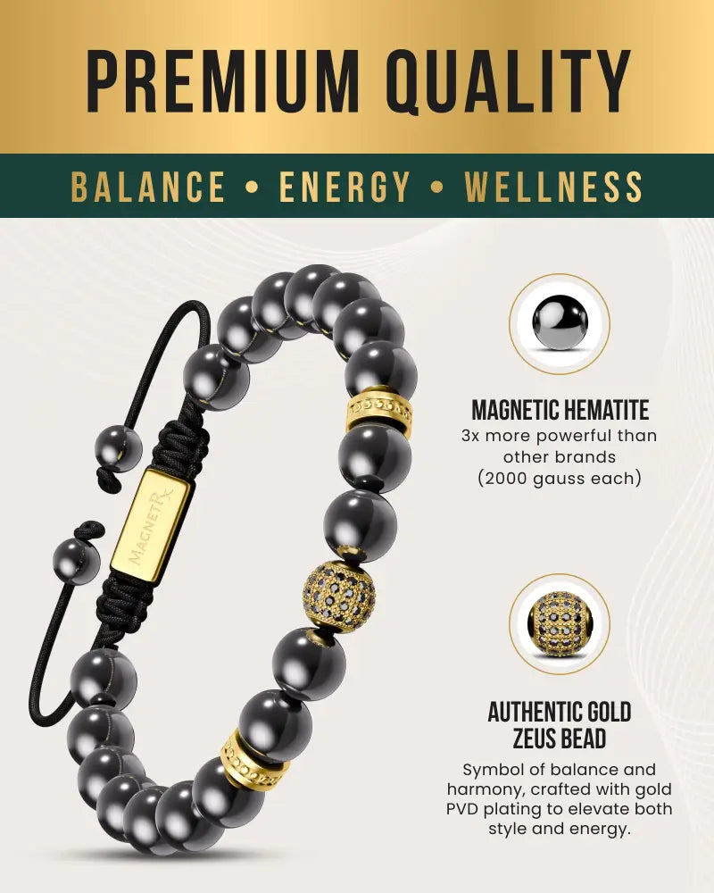 Black magnetic hematite bead bracelet with gold-plated beads and an authentic gold zeus rectangular tag