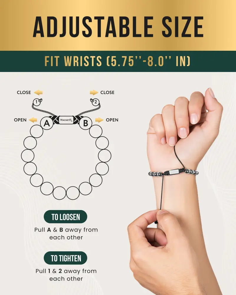 Silver Titan magnetic hematite beaded bracelet featuring a black magnetic band with silver-toned adjustable beads