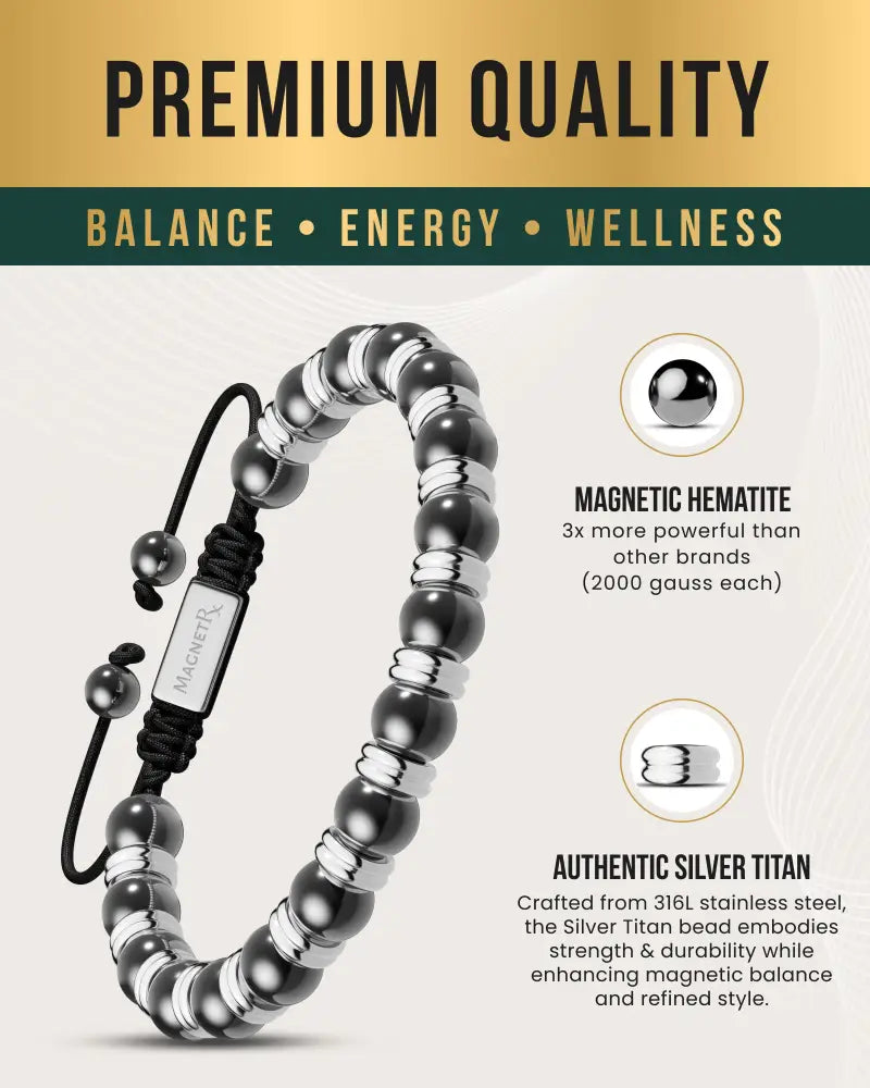 Silver Titan magnetic hematite beaded bracelet in black and silver with stainless steel beads and branded metal tag