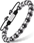 Silver Titan magnetic hematite beaded bracelet with black and silver beads and a braided cord closure