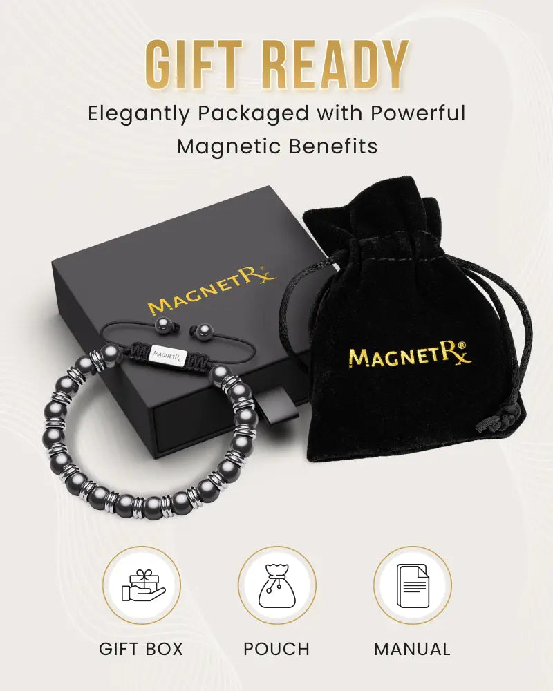 Silver titan magnetic hematite beaded bracelet with black magnetic beads and silver toned accents in a modern design