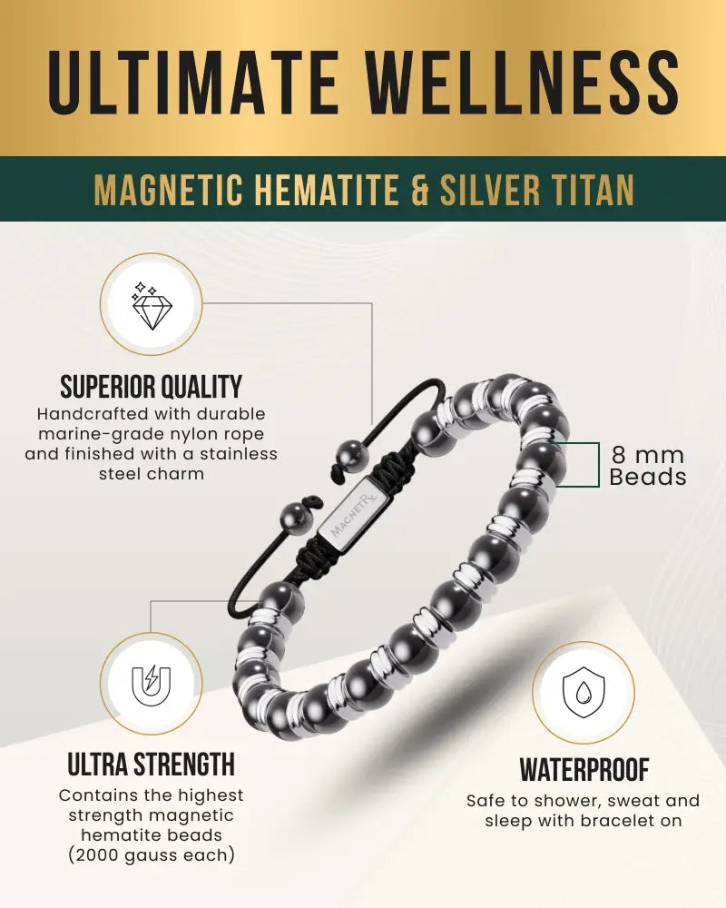 A silver titan magnetic hematite beaded bracelet with alternating dark gray and silver beads on marine-grade nylon rope