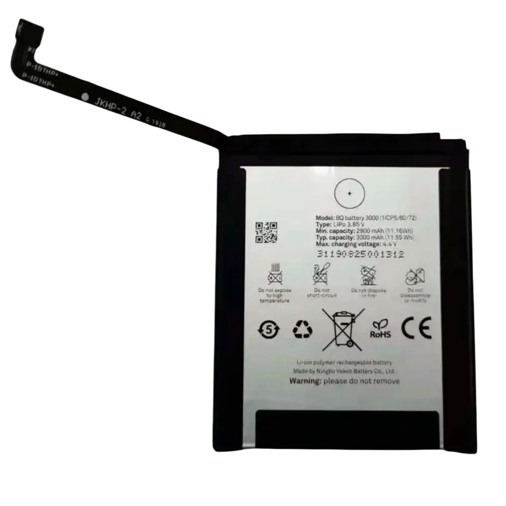Black rectangular lithium-polymer mobile phone battery for bq 3000 with white label showing technical specs and safety icons to avoid exposing damage and positive feedback use