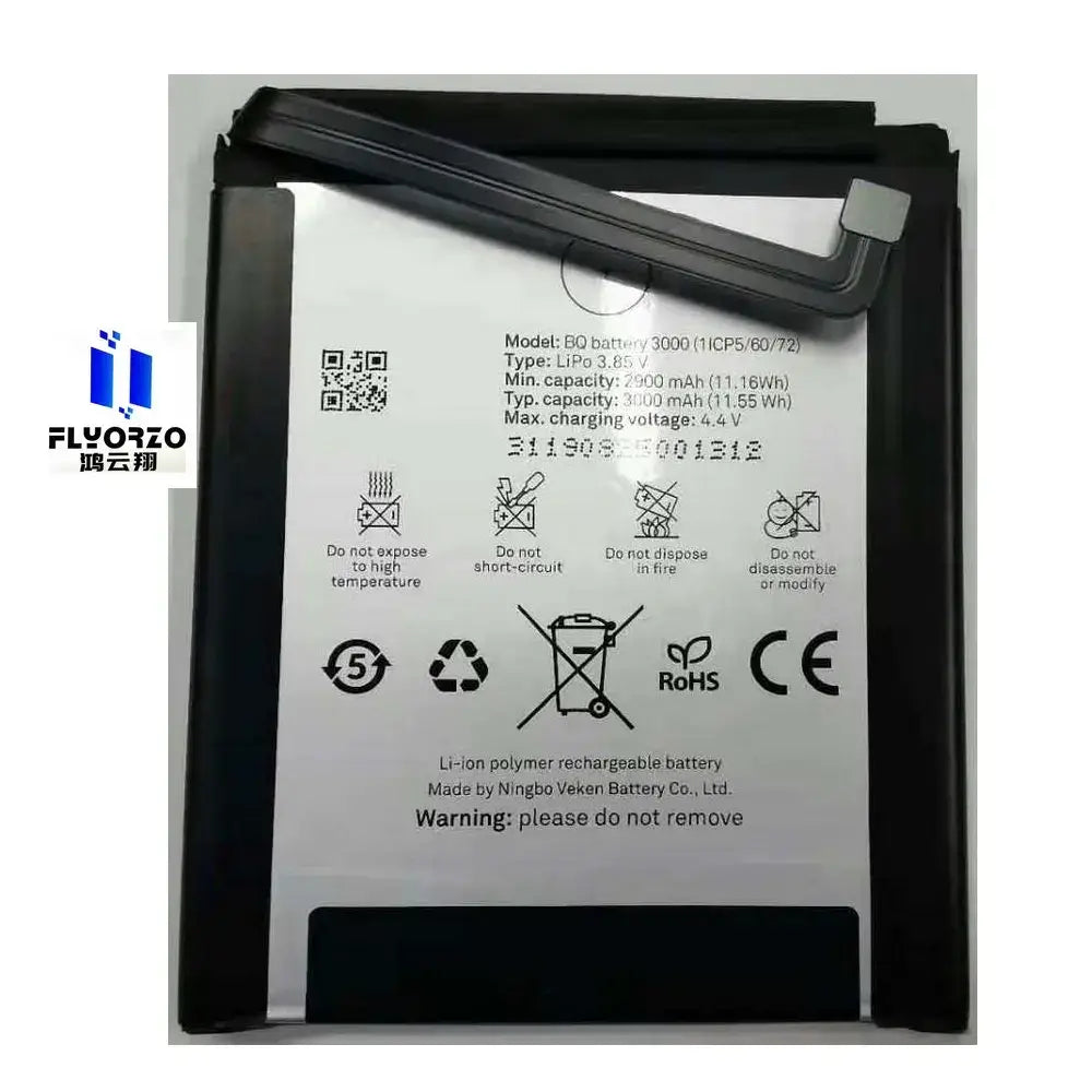 Black rectangular lithium polymer mobile phone battery with white label showing specifications and safety icons for bq 3000