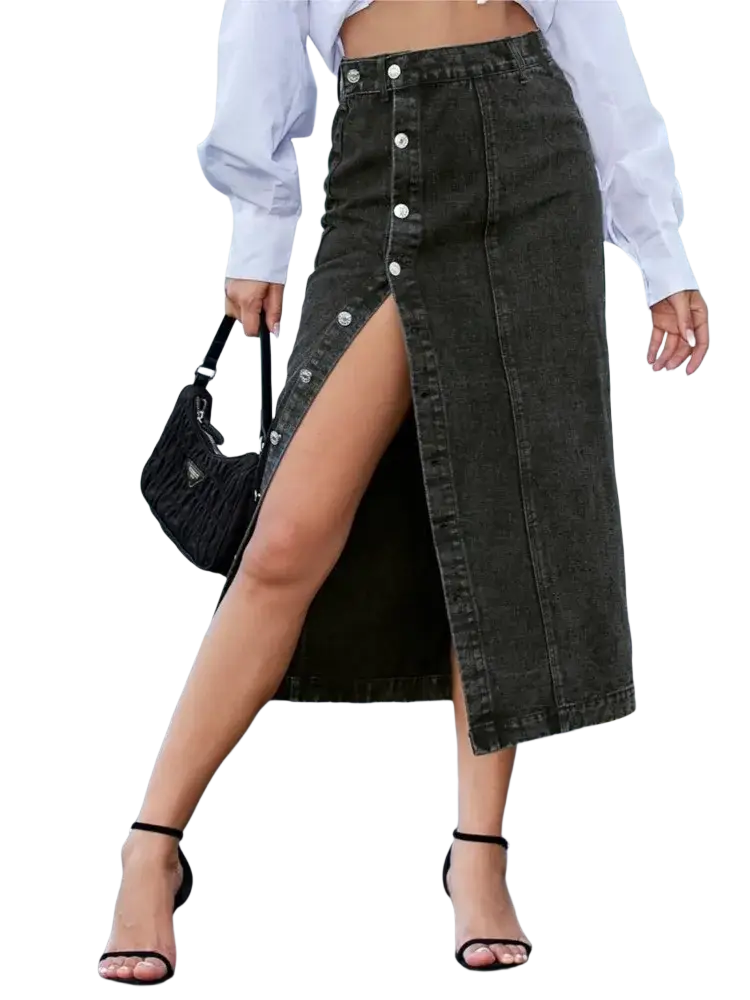 Dark green denim midi skirt with high slit and front button closure for stylish casual wear