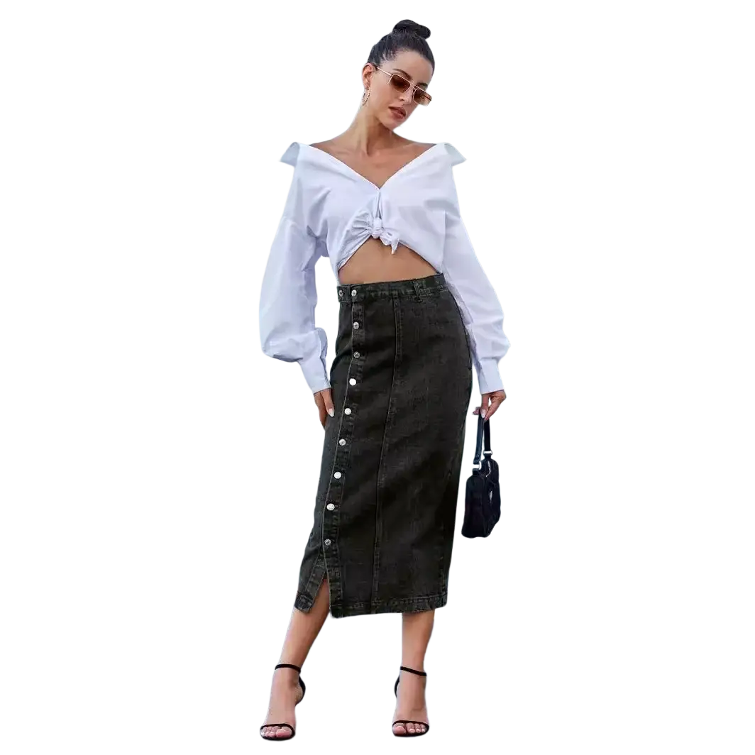 Dark green denim midi skirt with button front and high side slit for stylish casual wear