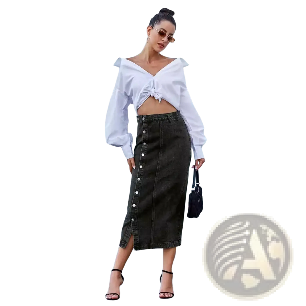 Dark green denim midi skirt with button front and high side slit for stylish casual wear