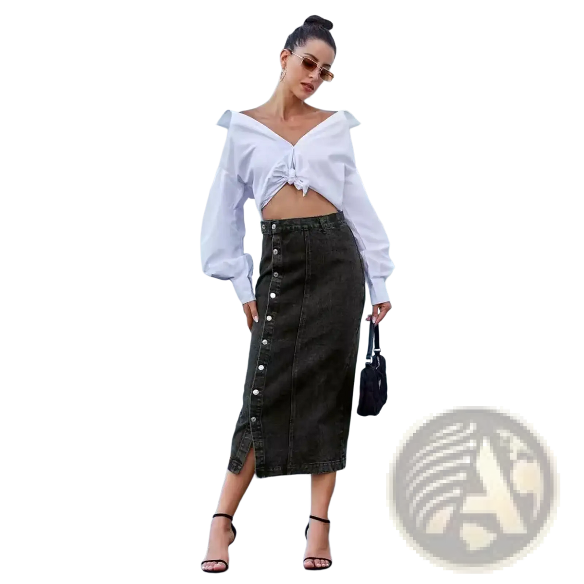 Dark green denim midi skirt with button front and high side slit for stylish casual wear