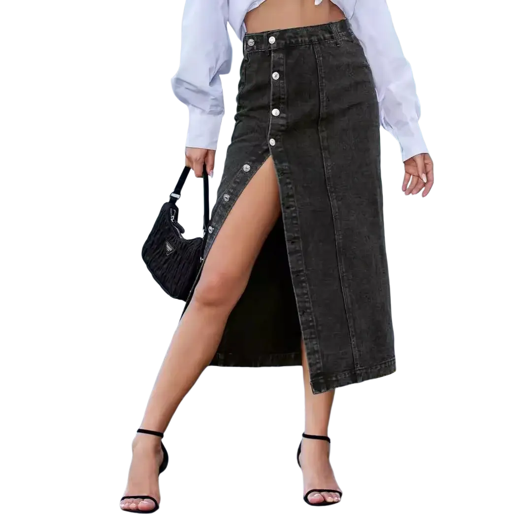Dark-wash denim midi skirt with front button closure and high slit showcasing a stylish casual look