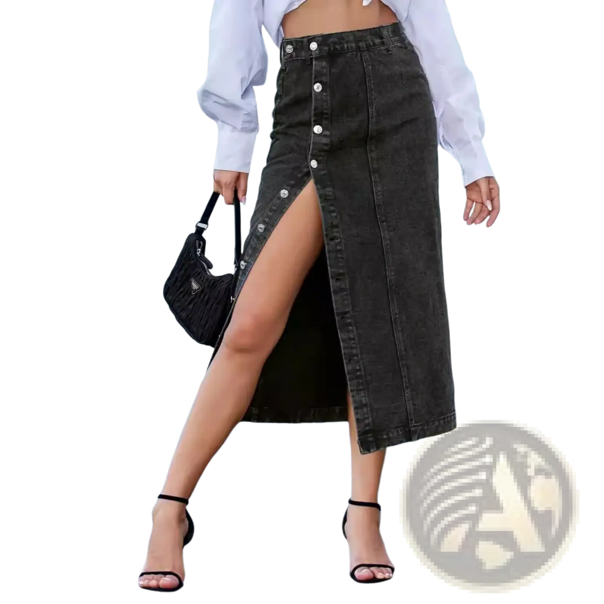 Dark-wash denim midi skirt with front button closure and high slit showcasing a stylish casual look