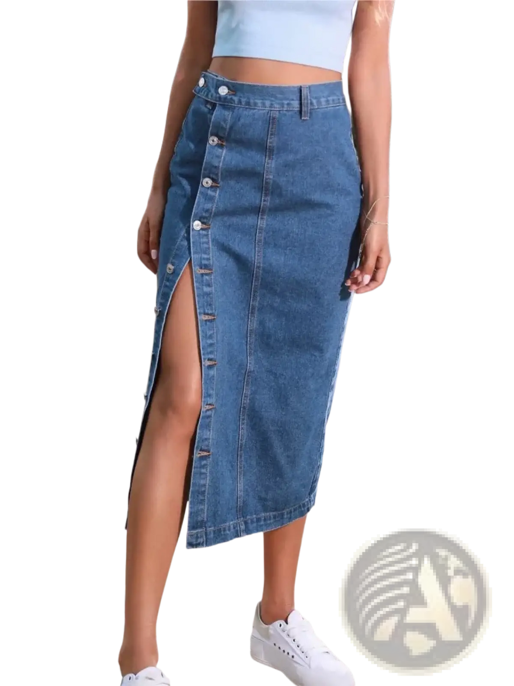 Blue denim midi skirt with front button closure and high slit perfect for stylish casual wear