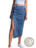 Blue denim midi skirt with front button closure and high slit perfect for stylish casual wear
