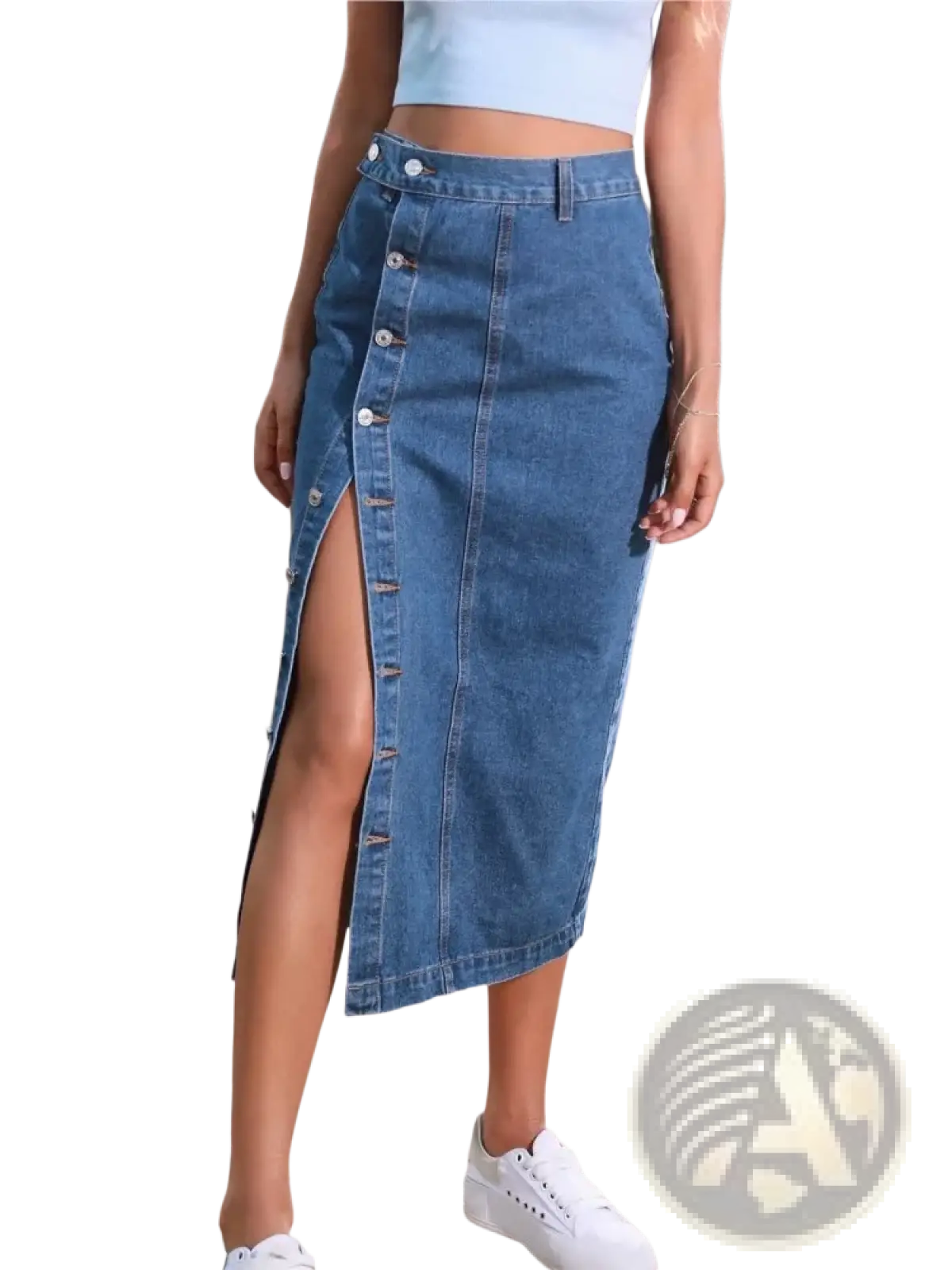 Blue denim midi skirt with front button closure and high slit perfect for stylish casual wear