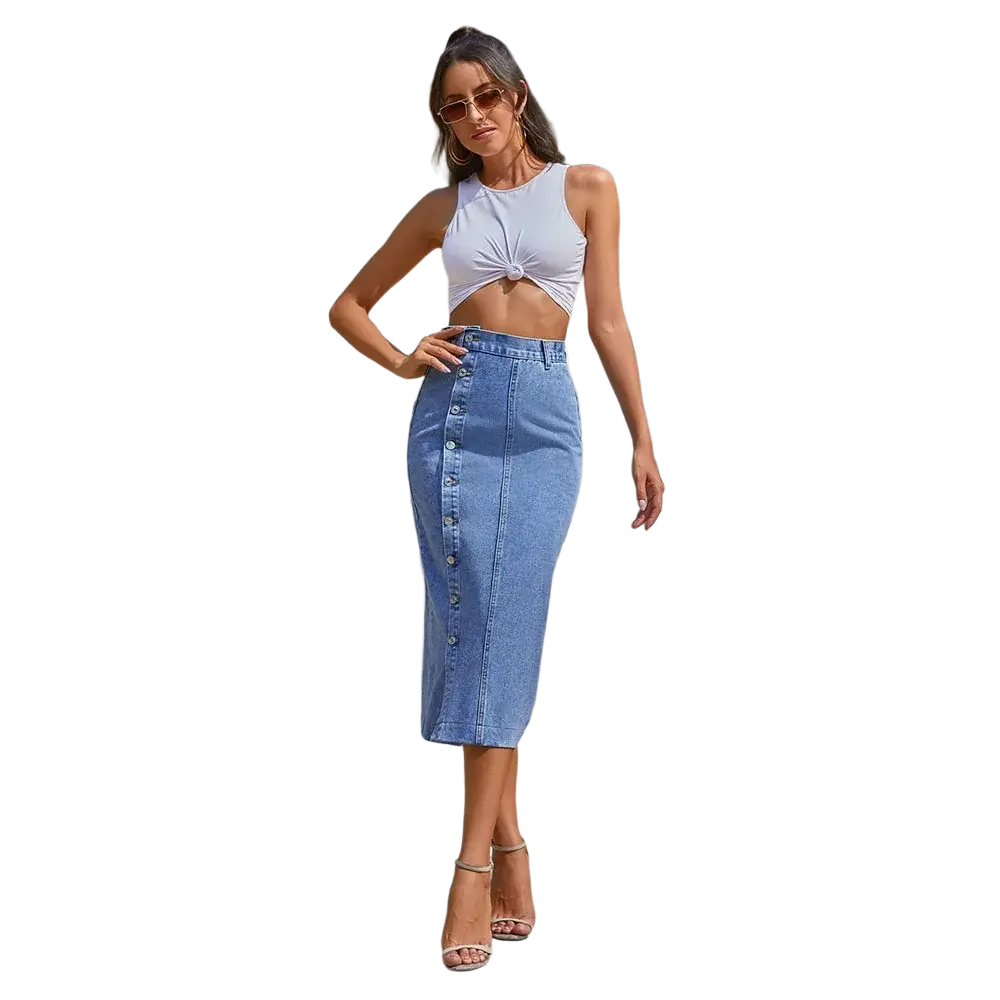 Light blue denim midi skirt with front button closure featuring a high slit for stylish casual wear