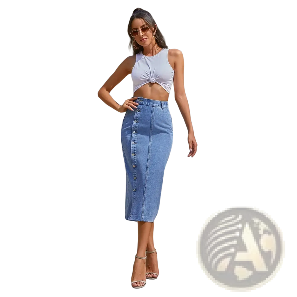 Light blue denim midi skirt with front button closure featuring a high slit for stylish casual wear