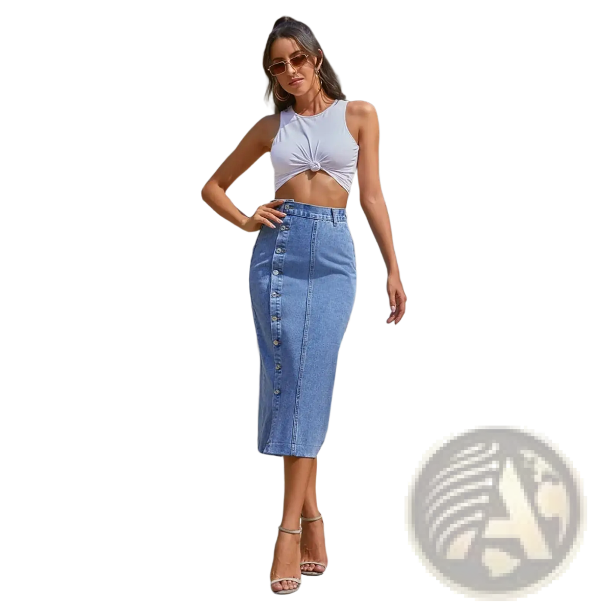 Light blue denim midi skirt with front button closure featuring a high slit for stylish casual wear
