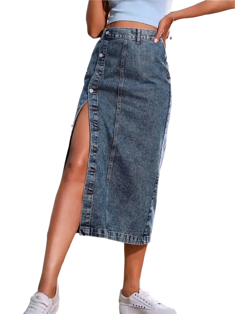 High slit denim maxi skirt in blue with front button closure and mid-thigh length for casual wear