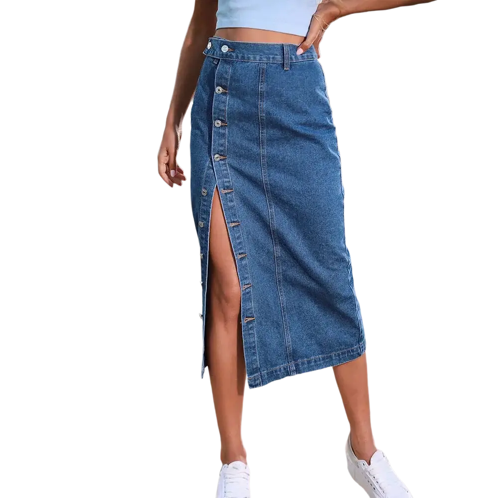 High slit denim maxi skirt in blue with mid-thigh length front button closure and high slit detail