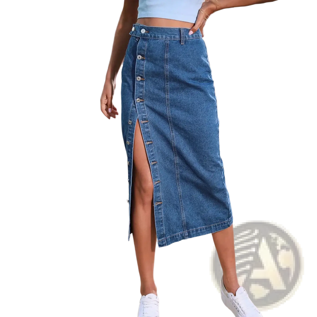 High slit denim maxi skirt in blue with mid-thigh length front button closure and high slit detail