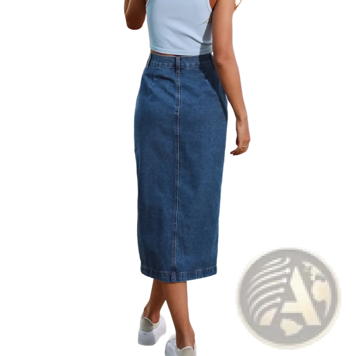 A medium blue mid-thigh length denim skirt with a straight cut and visible stitching in a high slit design