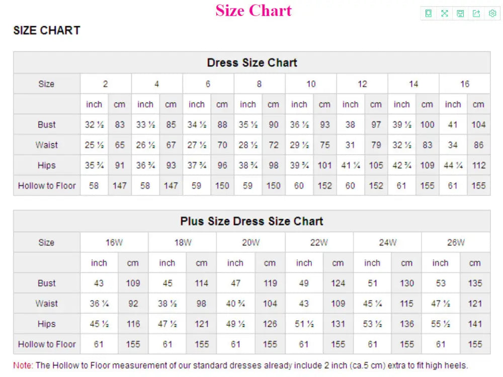 Size chart for lace long sleeve a-line tulle wedding gown showing dress measurements in inches and centimeters for all sizes