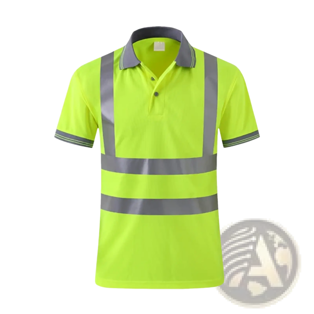 Bright neon yellow high visibility reflective safety polo shirt with gray reflective stripes and collar trim