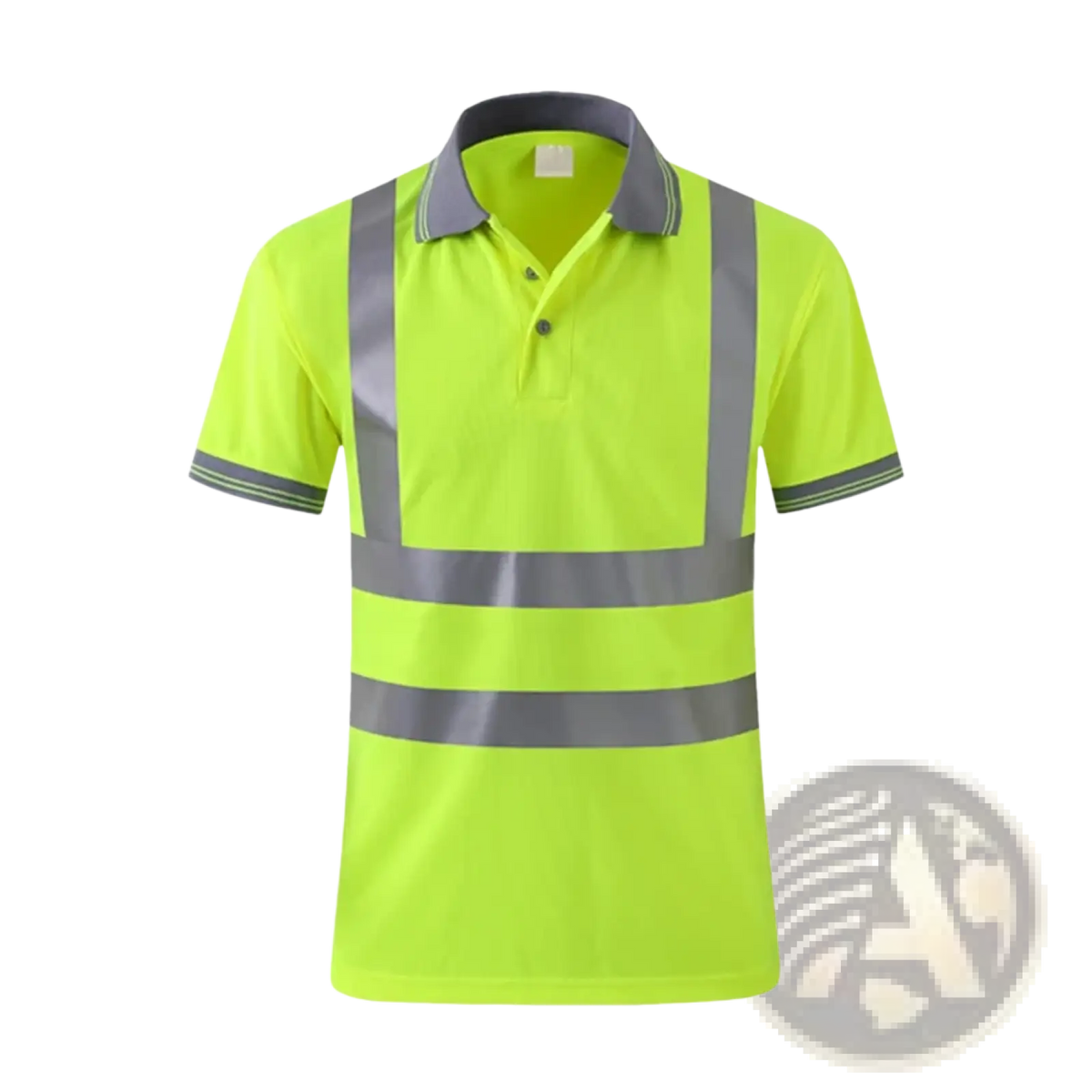 Bright neon yellow high visibility reflective safety polo shirt with gray reflective stripes and collar trim