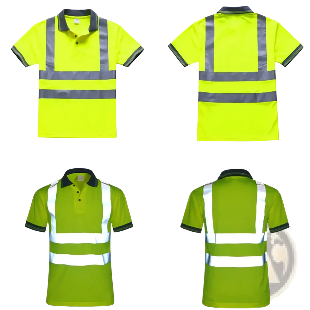Bright yellow high visibility reflective safety polo shirt with gray and white stripes for enhanced safety