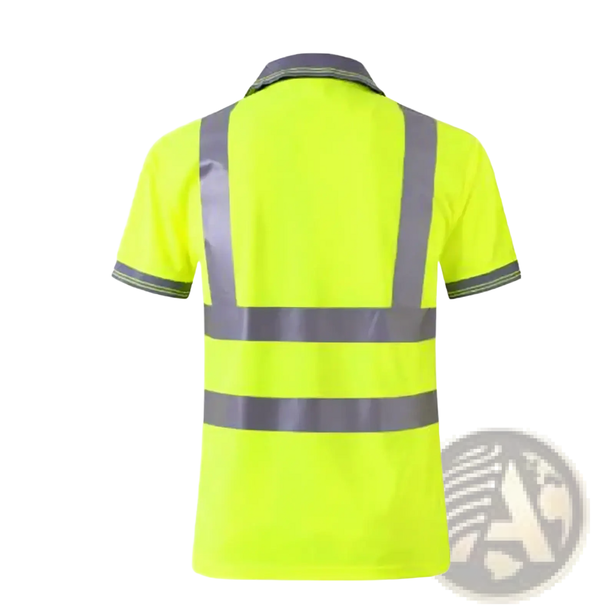 Bright yellow high visibility reflective safety polo shirt showing back side with gray reflective stripes on sleeves and back