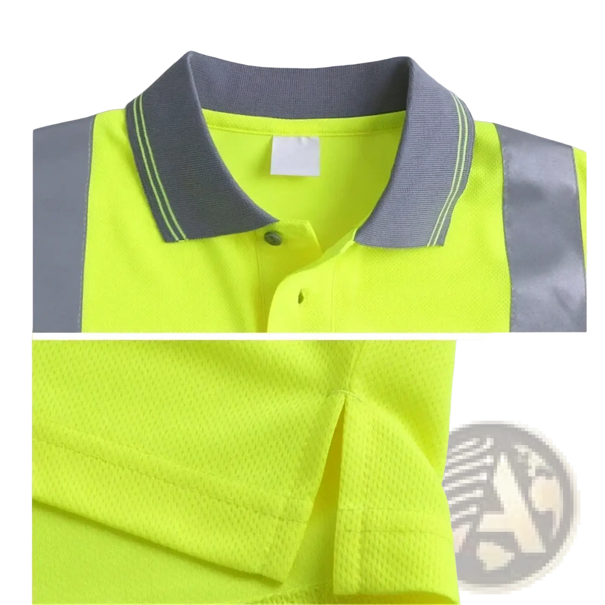 High visibility reflective safety polo shirt in bright yellow with gray collar and silver shoulder stripes