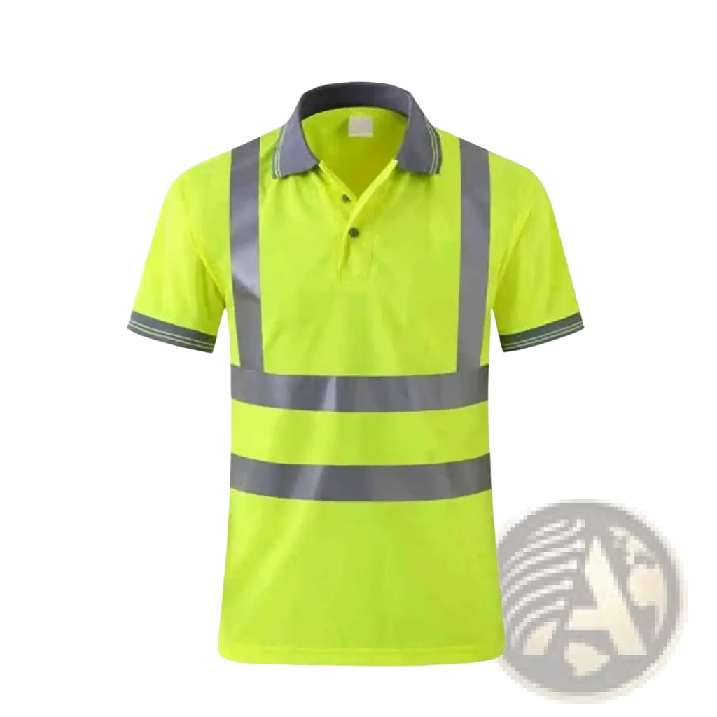 Bright yellow high visibility reflective safety polo shirt with gray reflective stripes and collar for enhanced safety