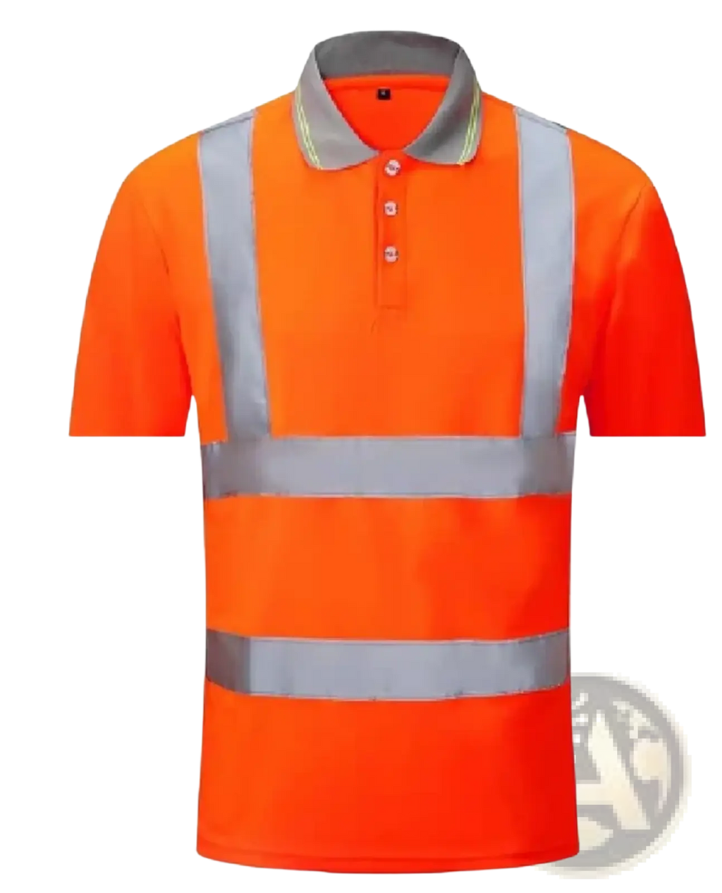 Bright orange high visibility reflective safety polo shirt with silver stripes and gray collar for enhanced safety