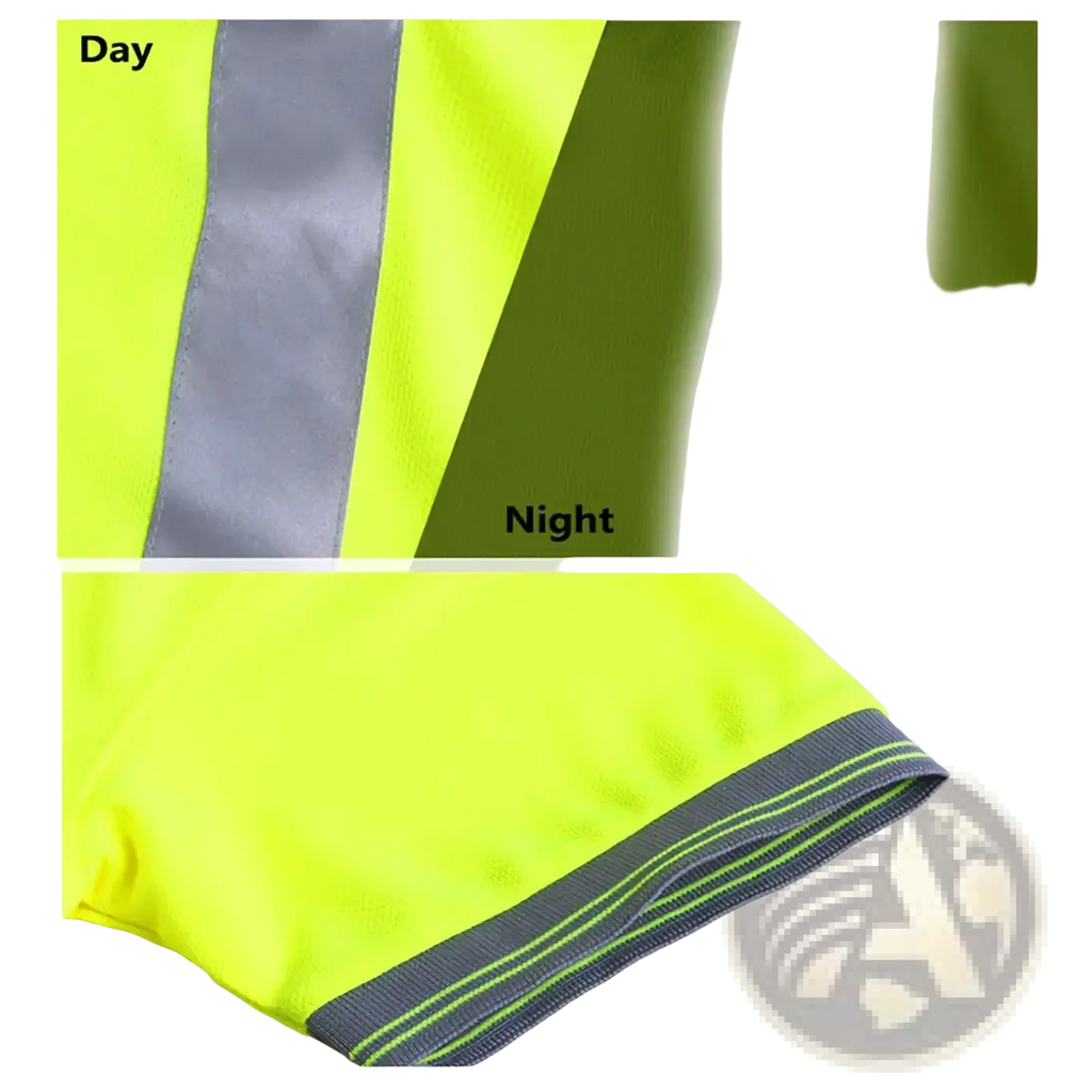 High visibility reflective safety polo shirt in neon yellow with gray reflective stripes for day and night visibility