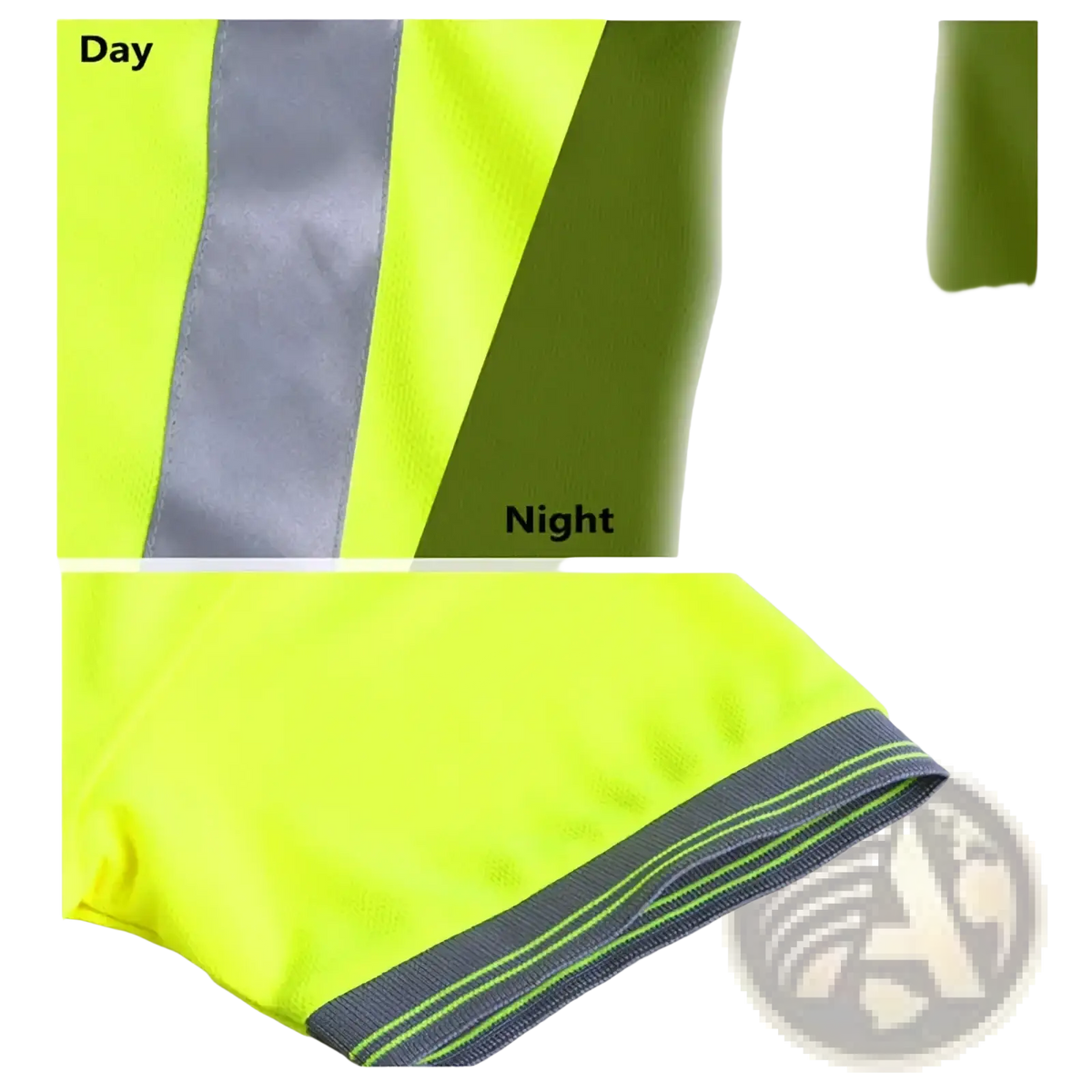 High visibility reflective safety polo shirt in neon yellow with gray reflective stripes for day and night visibility
