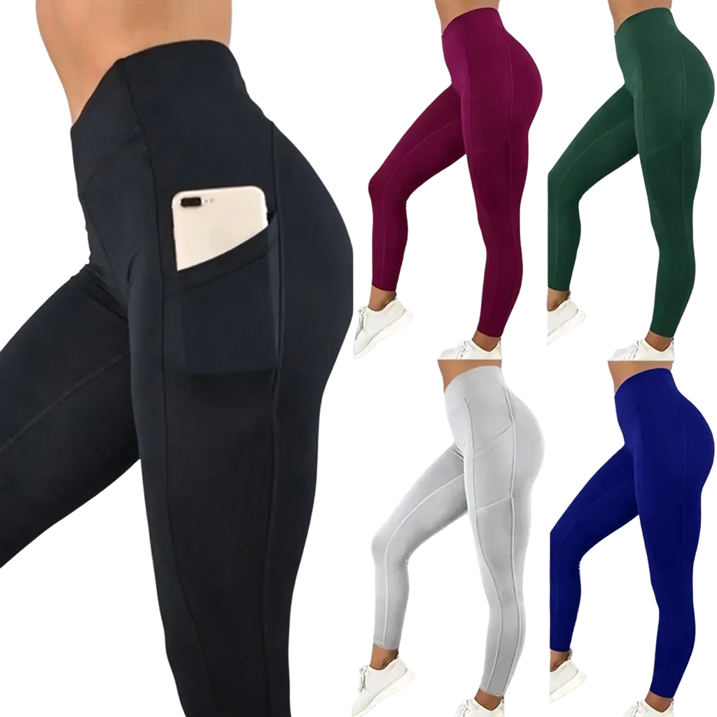 Black high waist booty lifting leggings with a side pocket holding a smartphone showing the front view