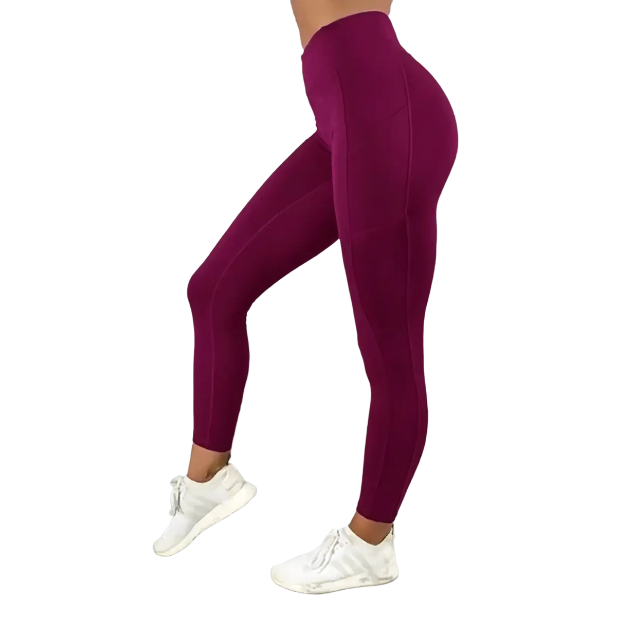 Fitted maroon high waist booty lifting pocket leggings with smooth stretchy fabric and subtle side seam detailing